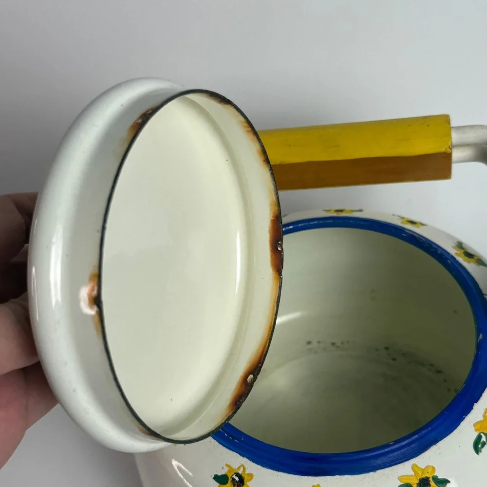 White Enamel Sunny Golden Yellow Sunflowers Tea Kettle Blue Trim Wood Handle